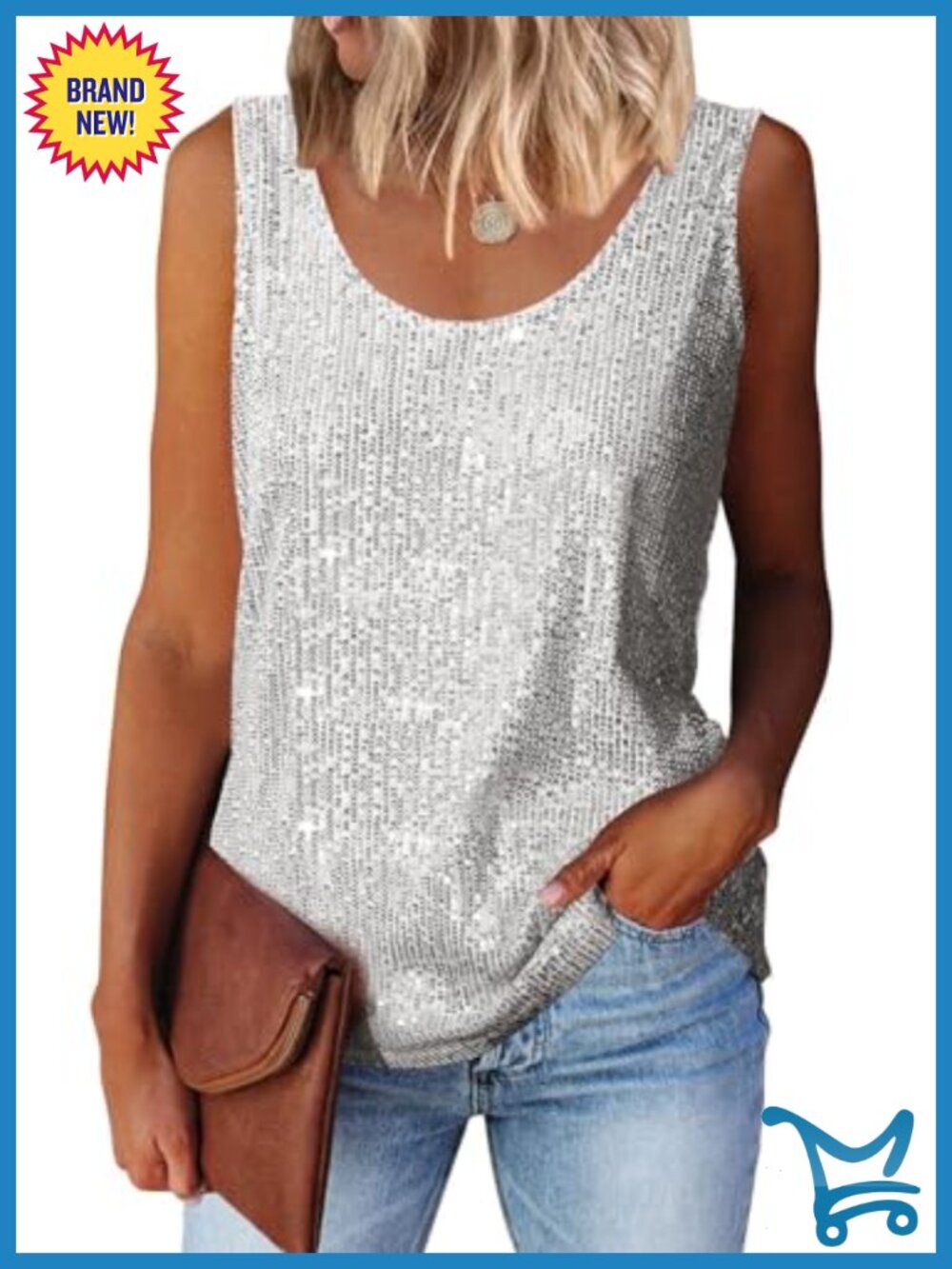 Womens Sequin Tank Top Scoop Neck Sleeveless Shimmer Blouse Party Clubwear